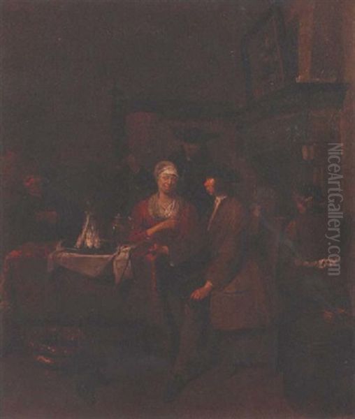 A Tavern Interior With A Number Of Figures Around A Table Beside A Fireplace Oil Painting by Jan Baptist Lambrechts