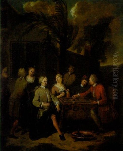 Vornehme Damen Und Herren Beim Zechen Und Beim Brettspiel An Einem Tisch Vor Einem Gebaude Oil Painting by Jan Baptist Lambrechts