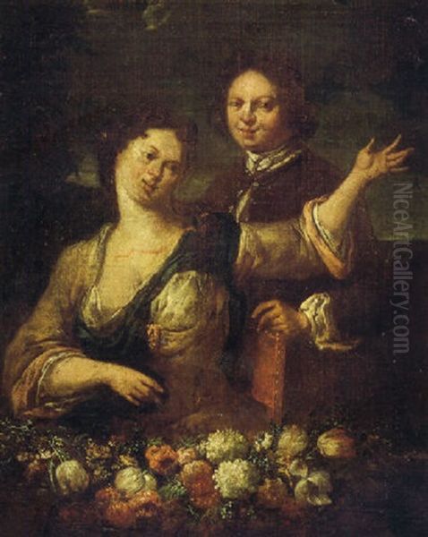 Doble Retrato Con Guirnalda De Flores; Flora Delante Del Pintor (?) Oil Painting by Jan Baptist Lambrechts