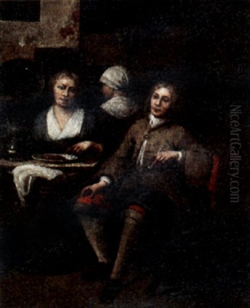 Interior Scene With A Man Smoking At A Table Oil Painting by Jan Baptist Lambrechts