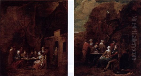 Villagers Seated At A Table Outside An Inn Oil Painting by Jan Baptist Lambrechts