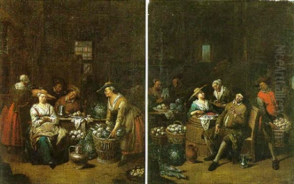 Peasants Preparing Vegetables In A Tavern Interior Oil Painting by Jan Baptist Lambrechts