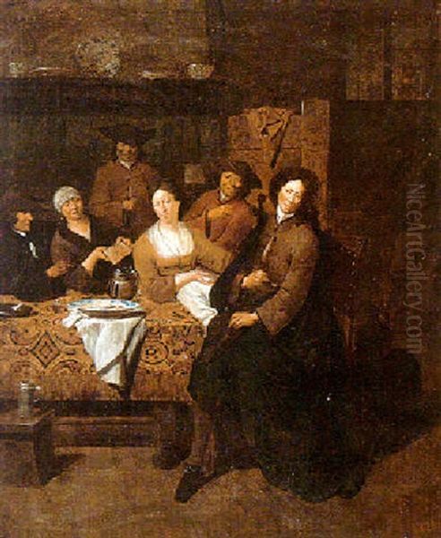 A Group Of Figures Gathered Around A Table, In A Tavern Interior Oil Painting by Jan Baptist Lambrechts