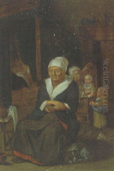 A Man Seated By A Fire With Maid Tending An Infant In An Interior Oil Painting by Jan Baptist Lambrechts