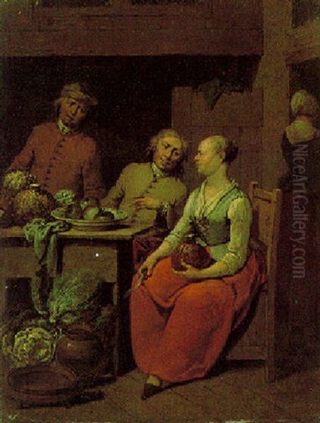 A Kitchen Maid And Her Companion Preparing Vegetables Oil Painting by Jan Baptist Lambrechts