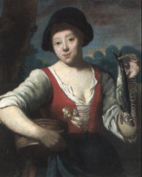 A Peasant Girl Holding A Fish Oil Painting by Jan Baptist Lambrechts