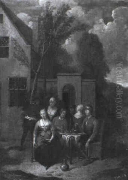 Peasants Gathered Around A Barrel And A Table Outside Taverns Oil Painting by Jan Baptist Lambrechts