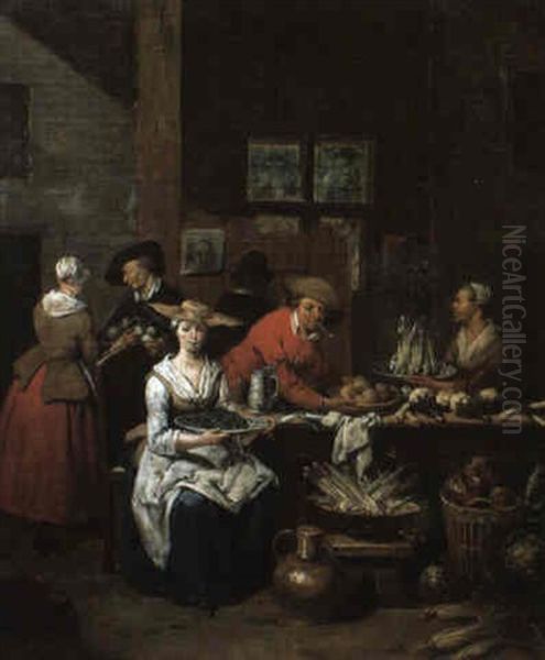 Kitchen Interior With A Lady Seated At A Table Oil Painting by Jan Baptist Lambrechts