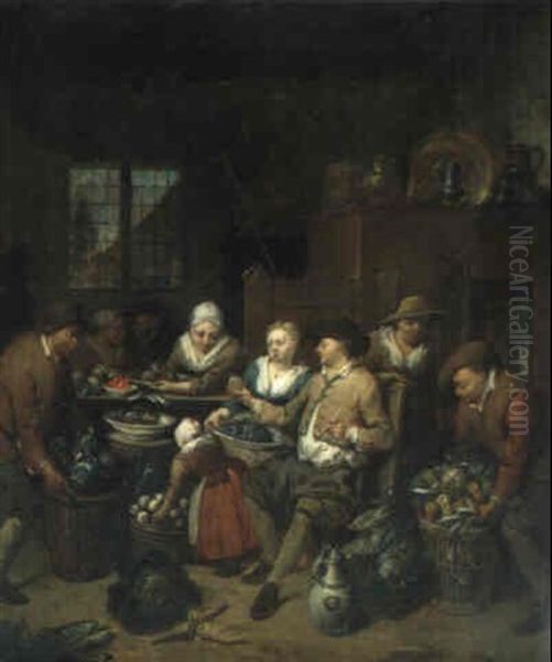 Bauerliches Interieur Mit Gem_seh,ndlern Oil Painting by Jan Baptist Lambrechts