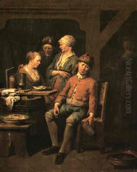 A Peasant Couple Seated At A Table Laiden With Food And     Drink, Talking To Two Figures Standing At Their Side Oil Painting by Jan Baptist Lambrechts