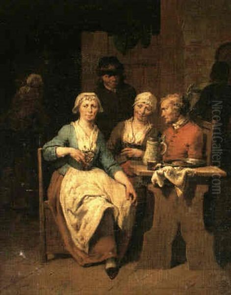 Two Women Seated At A Table Where A Man Is Drinking And     Eating From A Pewter Plate Oil Painting by Jan Baptist Lambrechts