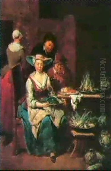 Scenes D'interieur De Cuisine Avec Personnages Oil Painting by Jan Baptist Lambrechts