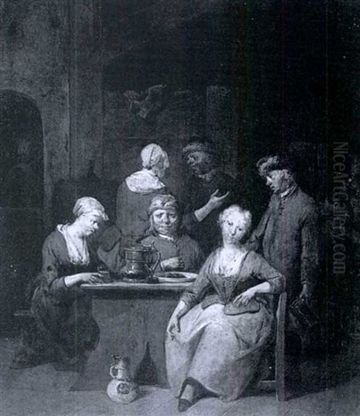 Figures Around A Table In An Interior Oil Painting by Jan Baptist Lambrechts