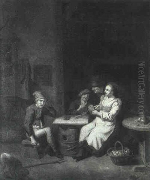 Peasants Playing Cards In An Interior Oil Painting by Jan Baptist Lambrechts