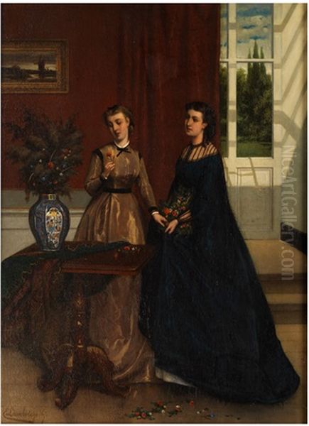 Interieur Mit Zwei Jungen Frauen Oil Painting by Edomond Alphonse Charles Lambrichs