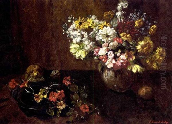 Mixed Flowers In A Glass Vase And Ceramic Bowl Oil Painting by Edomond Alphonse Charles Lambrichs