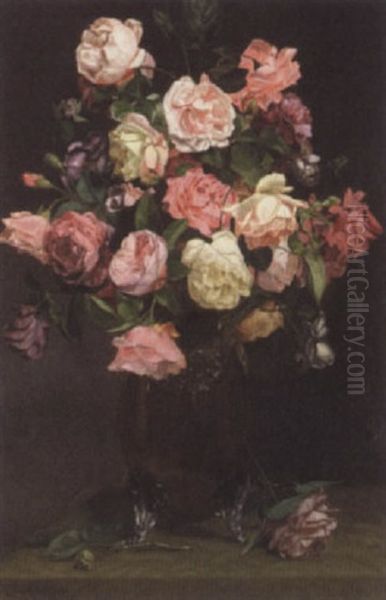 Still Life With Pink Roses Oil Painting by Edomond Alphonse Charles Lambrichs