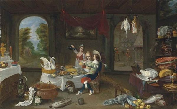 An Interior With A Cavalier And Lady Seated In Conversation At A Repast, With A Servant Pouring Wine And Two Monkeys, Surrounded By Food And Crockery In Disarray Oil Painting by Christoffel Jacobsz. Van Der Lamen