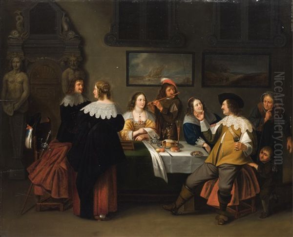 An Interior With Elegant Figures Making Merry: The Prodigal Son Feasting With The Prostitutes In A Brothel Oil Painting by Christoffel Jacobsz. Van Der Lamen