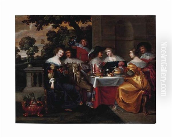 Elegant Company Courting In A Classical Courtyard by Christoffel Jacobsz. Van Der Lamen