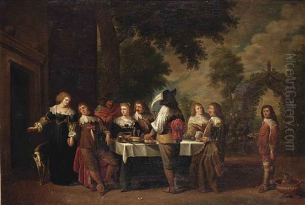 An Elegant Company Dining And Making Merry In A Garden Oil Painting by Christoffel Jacobsz. Van Der Lamen