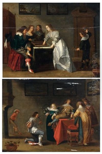 La Partie De Trictrac (+ Les Couples Galants; Pair) Oil Painting by Christoffel Jacobsz. Van Der Lamen