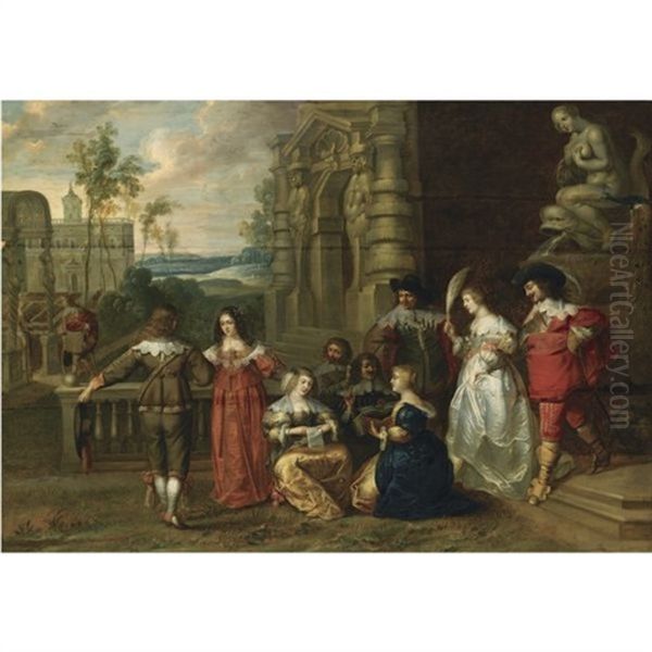 An Elegant Company Outside The Walls Of A Castle Making Music Oil Painting by Christoffel Jacobsz. Van Der Lamen