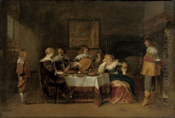 An Elegant Company Making Merry Oil Painting by Christoffel Jacobsz. Van Der Lamen