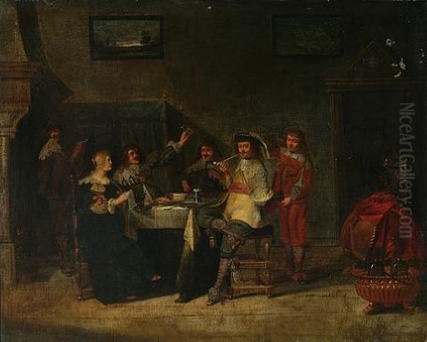 An Elegant Company In An Interior Oil Painting by Christoffel Jacobsz. Van Der Lamen