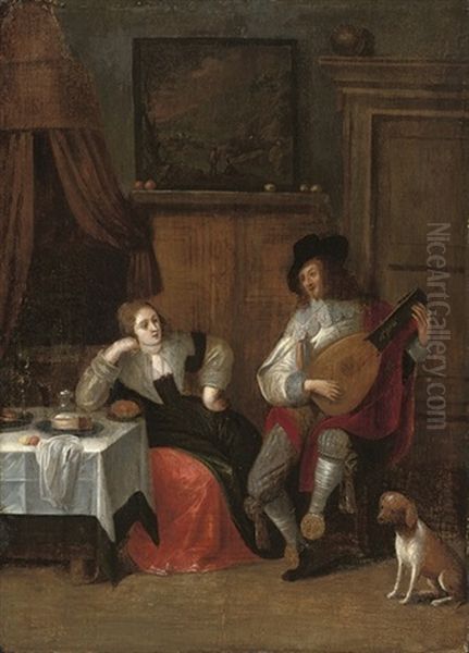 A Gentleman Serenading A Lady In An Interior Oil Painting by Christoffel Jacobsz. Van Der Lamen