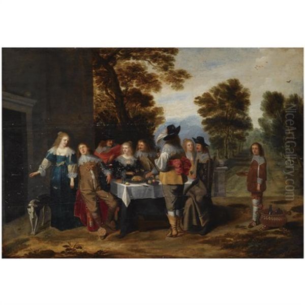 An Elegant Company Seated Around A Set Table On A Terrace, A Formal Garden Beyond Oil Painting by Christoffel Jacobsz. Van Der Lamen