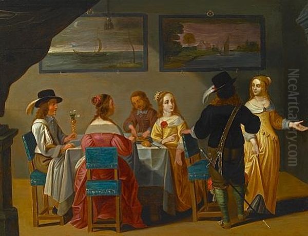 Figures Gathered Around A Table Oil Painting by Christoffel Jacobsz. Van Der Lamen