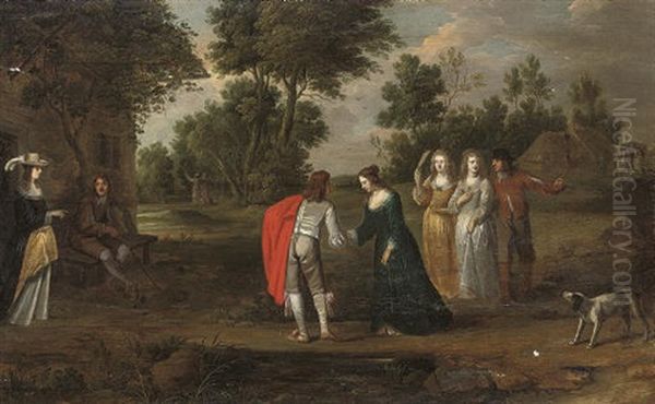 A Wooded Landscape With Elegant Company Courting Oil Painting by Christoffel Jacobsz. Van Der Lamen