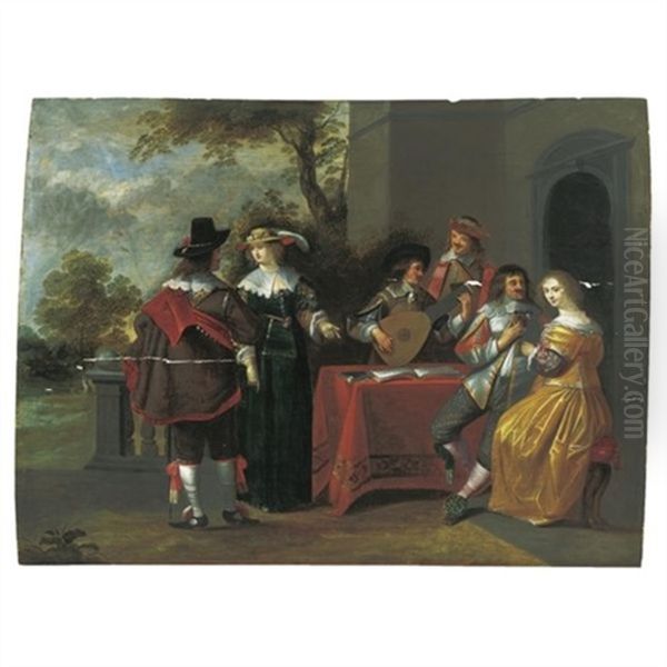 An Elegant Company Making Music, Drinking And Courting In A Garden Setting Oil Painting by Christoffel Jacobsz. Van Der Lamen