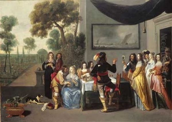 Elegante Compagnie Buvant Et Conversant Sur La Terrasse D'un Parc Oil Painting by Christoffel Jacobsz. Van Der Lamen