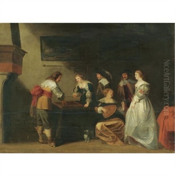 An Elegant Company In An Interior With A Lady And Gentleman Playing Tric-trac by Christoffel Jacobsz. Van Der Lamen