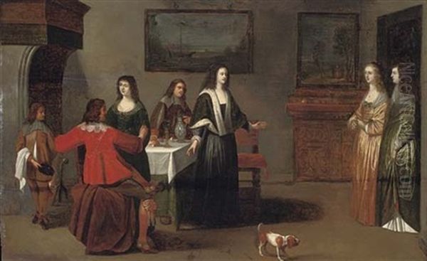 Elegant Company Conversing In An Interior Oil Painting by Christoffel Jacobsz. Van Der Lamen