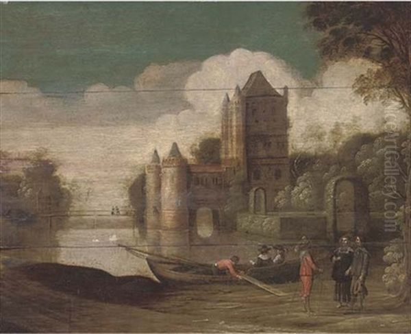 A Landscape With A Moated Castle And Gentlemen Conversing By A Boat Oil Painting by Christoffel Jacobsz. Van Der Lamen