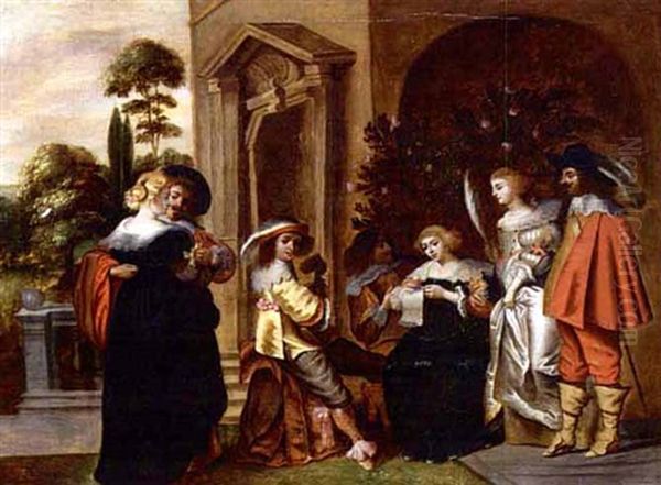 An Elegant Company Making Music, Drinking And Courting In A Garden Setting Oil Painting by Christoffel Jacobsz. Van Der Lamen