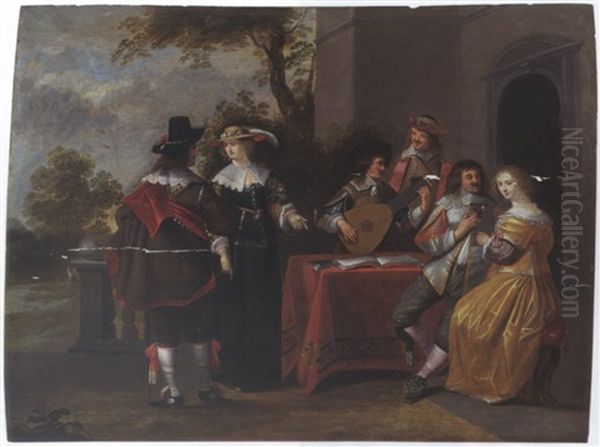 An Elegant Company Making Music, Drinking And Courting In A Garden Setting Oil Painting by Christoffel Jacobsz. Van Der Lamen