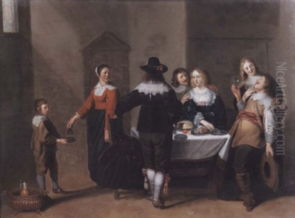 An Elegant Company Eating And Drinking In An Interior Oil Painting by Christoffel Jacobsz. Van Der Lamen