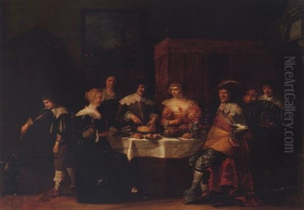 An Elegant Company Eating And Drinking In An Interior Oil Painting by Christoffel Jacobsz. Van Der Lamen