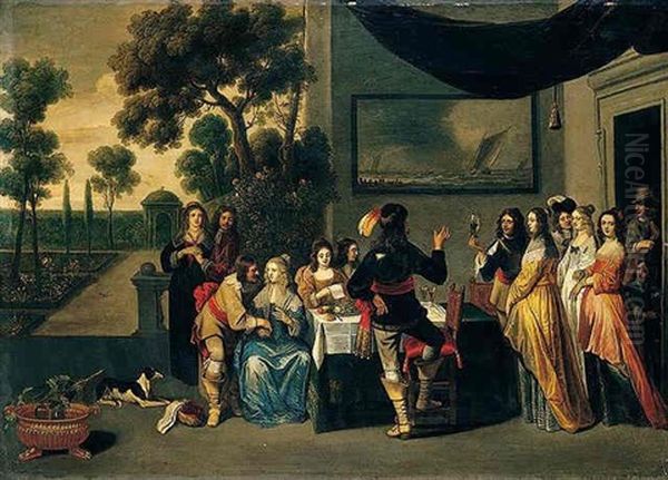 Elegant Company Drinking And Conversing On A Terrace Oil Painting by Christoffel Jacobsz. Van Der Lamen