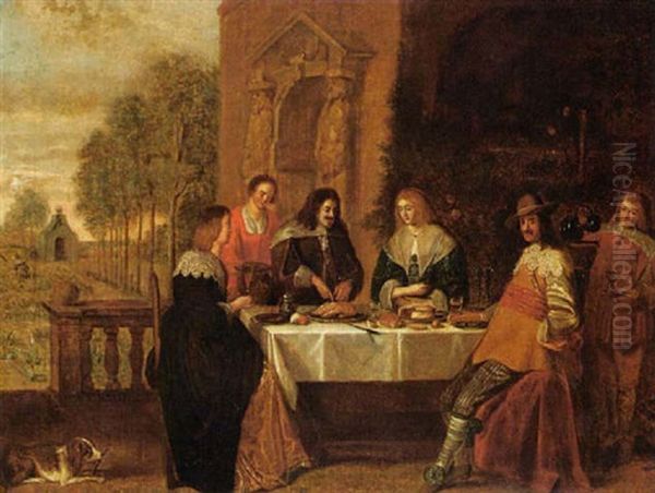 An Elegant Company Feasting On The Terrace Of A Country House Oil Painting by Christoffel Jacobsz. Van Der Lamen