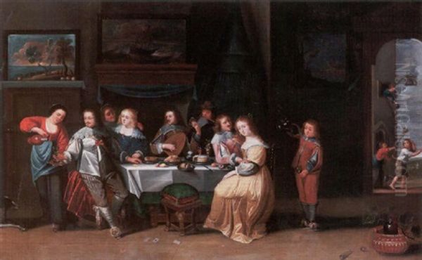 Elegant Figures Dining And Playing Music Around A Table In An Interior by Christoffel Jacobsz. Van Der Lamen