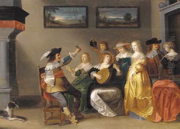 Elegant Company Making Music And Drinking In An Interior Oil Painting by Christoffel Jacobsz. Van Der Lamen