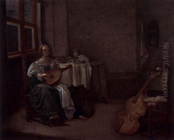 Lady Playing The Lute Oil Painting by Christoffel Jacobsz. Van Der Lamen