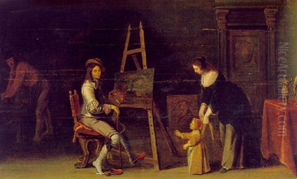 Ein Kunstler In Der Werkstatt An Der Staffelei Mit Seiner Familie Oil Painting by Christoffel Jacobsz. Van Der Lamen