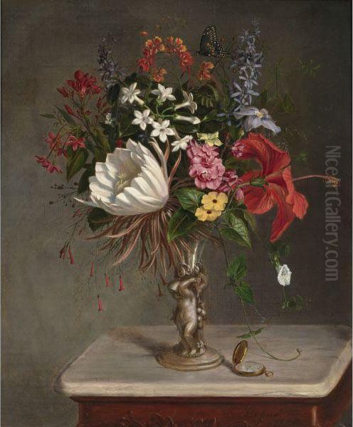 Flowers, Vase And Watch Oil Painting by Gustavus Adolphus Behne