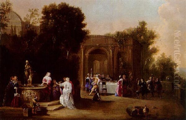 Elegant Company Merrymaking On A Terrace With Musicians And Lovers By A Fountain Oil Painting by Christoffel Jacobsz. Van Der Lamen